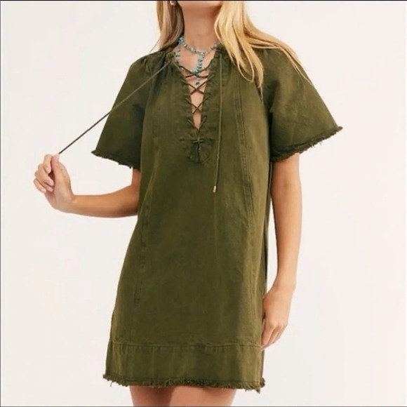 NWT Olive Green Khaki Denim Dress Small Free People When Hearts Align Dress - Picture 1 of 9